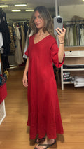 Vestido lino escote en V y mangas