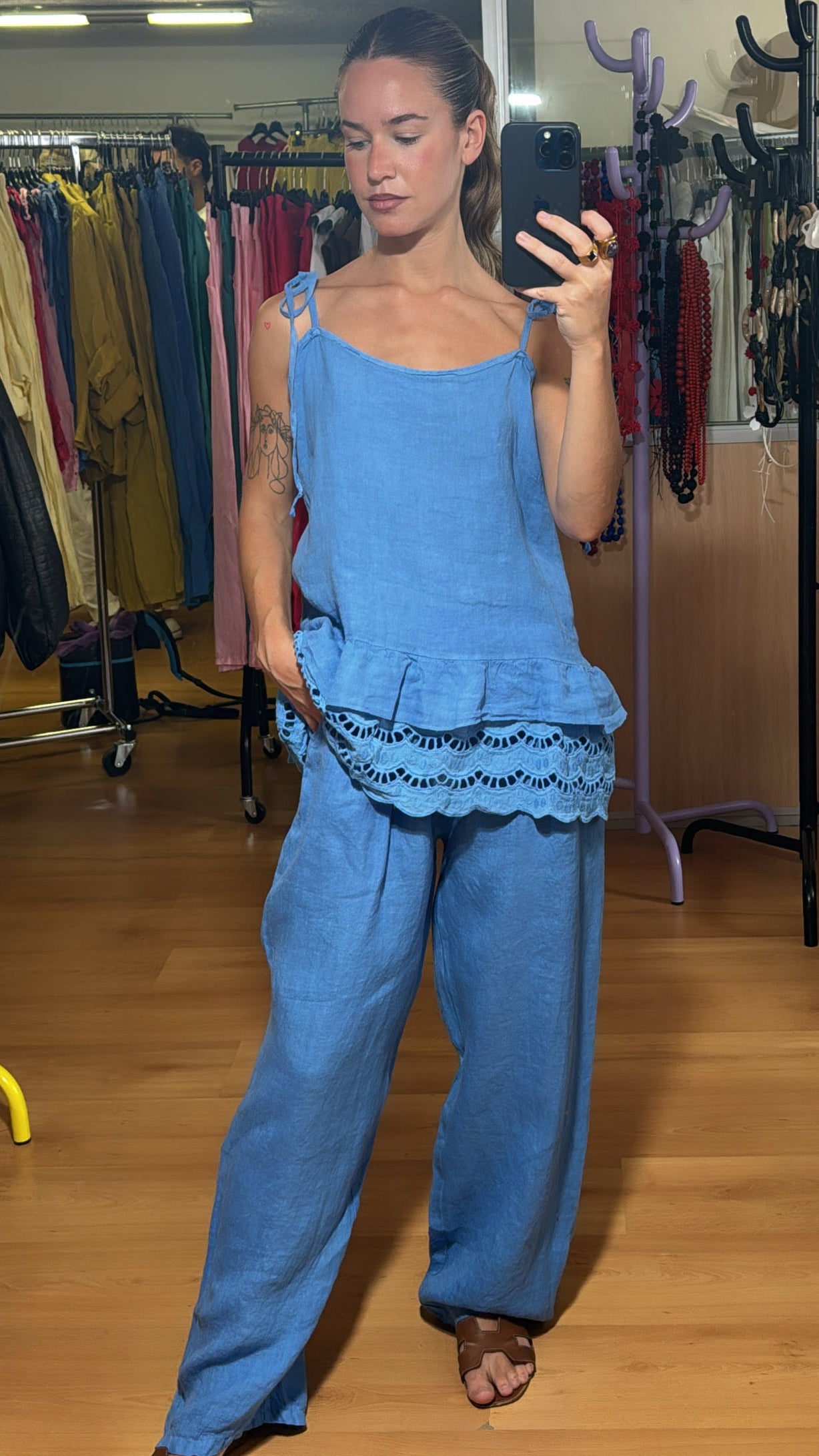 Pantalon lino doble botón