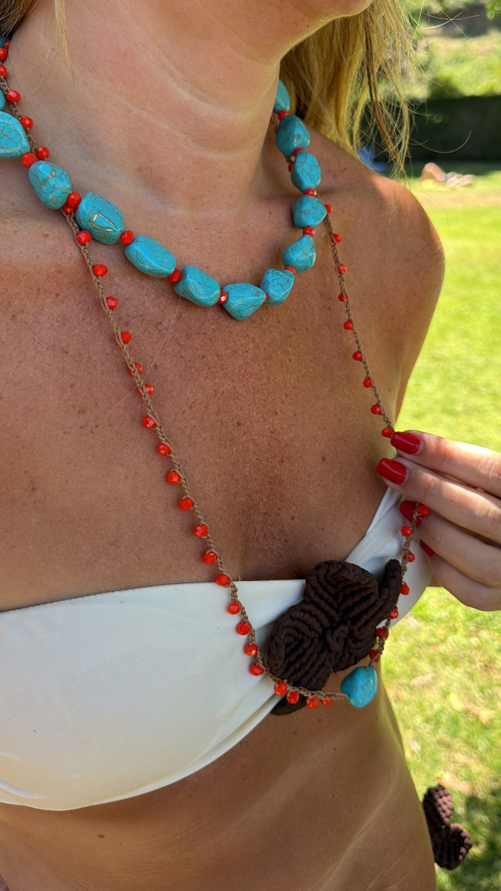Collar doble turquesa natural/ rojo