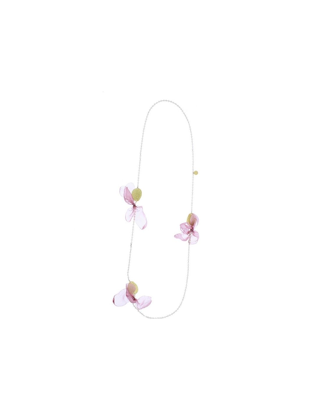 Collar largo anillas medallas cristales facetados flores tela